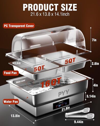 PYY Electric Chafing Dishes for Buffet 10 QT - Roll Top Electric Chafing Dish with Temperature Control Display, Fancy Chafing Dish Buffet Set with Half Size Pans for Catering, Parties and Restaurants in Kuwait
