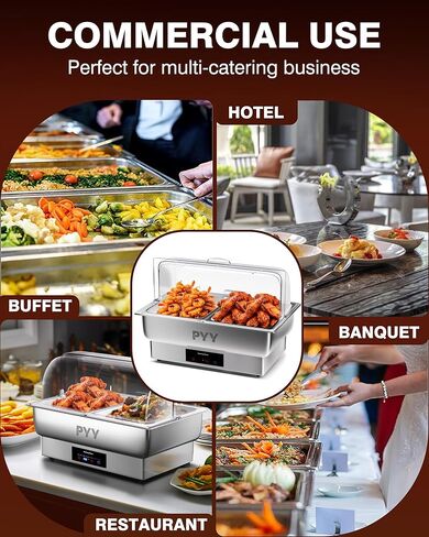 PYY Electric Chafing Dishes for Buffet 10 QT - Roll Top Electric Chafing Dish with Temperature Control Display, Fancy Chafing Dish Buffet Set with Half Size Pans for Catering, Parties and Restaurants in Kuwait