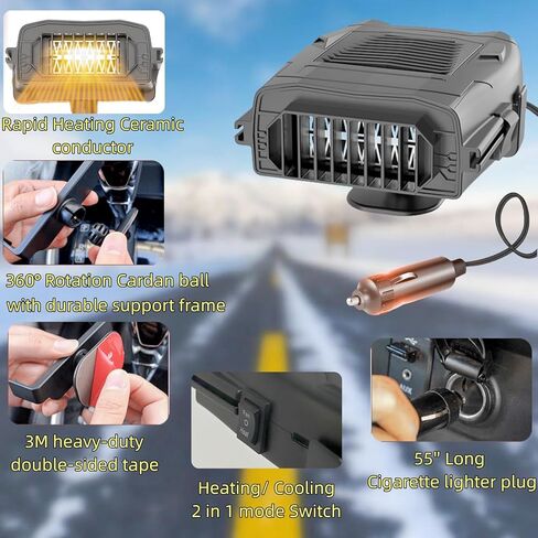 سخان السيارة 12 فولت 150 وات مزيل الضباب ومزيل الصقيع للزجاج الأمامي للسيارة مع مقبس ولاعة السجائر، 2 في 1 سخان خلفي للتدفئة/التبريد، مروحة سيارة تدور 360 درجة in Kuwait