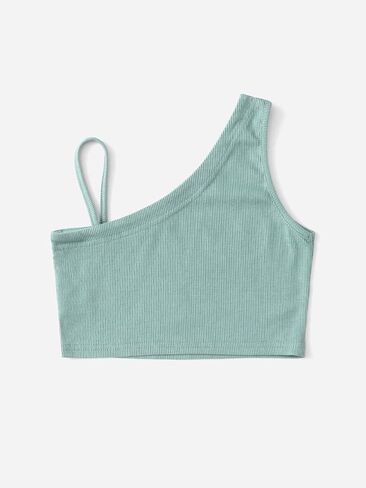Milumia Girl Casual Ribbed Knit Crop Top Solid Sleeveless Asymmetrical Summer Tops in Saudi Arabia