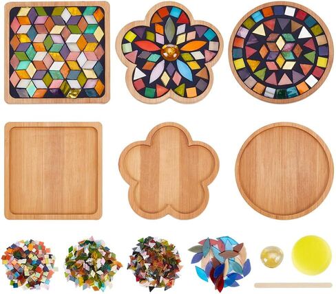 WEBEEDY 3 Set DIY Mosaic Coaster Kit Mosaic Tiles for Crafts, Glass Mixed Color Mosaic Kits with Bamboo Coaster for Adults Household Decoration Birthday Gift(Flower/Square/Round) in Saudi Arabia
