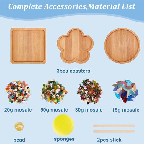 WEBEEDY 3 Set DIY Mosaic Coaster Kit Mosaic Tiles for Crafts, Glass Mixed Color Mosaic Kits with Bamboo Coaster for Adults Household Decoration Birthday Gift(Flower/Square/Round) in Saudi Arabia