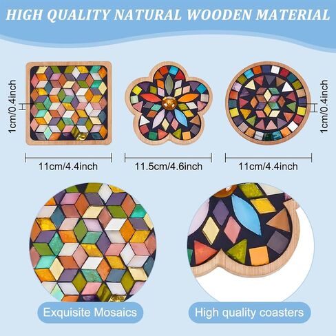 WEBEEDY 3 Set DIY Mosaic Coaster Kit Mosaic Tiles for Crafts, Glass Mixed Color Mosaic Kits with Bamboo Coaster for Adults Household Decoration Birthday Gift(Flower/Square/Round) in Saudi Arabia