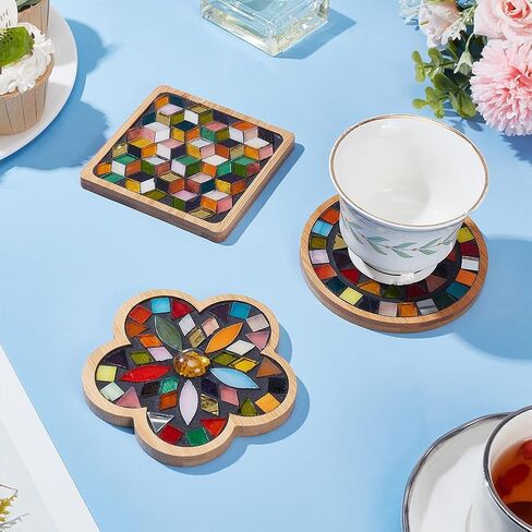 WEBEEDY 3 Set DIY Mosaic Coaster Kit Mosaic Tiles for Crafts, Glass Mixed Color Mosaic Kits with Bamboo Coaster for Adults Household Decoration Birthday Gift(Flower/Square/Round) in Saudi Arabia