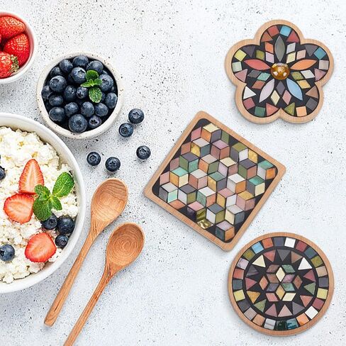 WEBEEDY 3 Set DIY Mosaic Coaster Kit Mosaic Tiles for Crafts, Glass Mixed Color Mosaic Kits with Bamboo Coaster for Adults Household Decoration Birthday Gift(Flower/Square/Round) in Saudi Arabia
