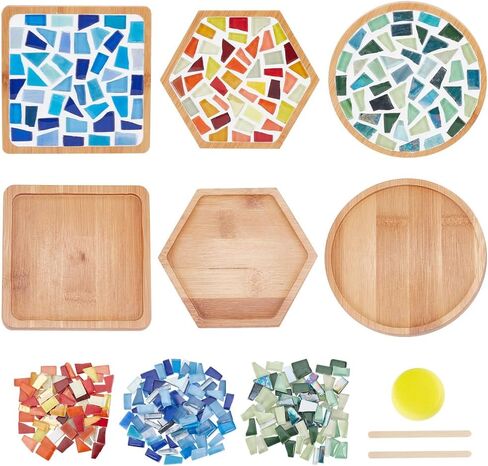 WEBEEDY 3 Set DIY Mosaic Coaster Kit Mosaic Tiles for Crafts, Glass Mixed Color Mosaic Kits with Bamboo Coaster for Adults Household Decoration Birthday Gift(Flower/Square/Round) in Saudi Arabia