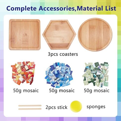 WEBEEDY 3 Set DIY Mosaic Coaster Kit Mosaic Tiles for Crafts, Glass Mixed Color Mosaic Kits with Bamboo Coaster for Adults Household Decoration Birthday Gift(Flower/Square/Round) in Saudi Arabia