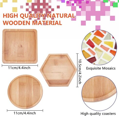 WEBEEDY 3 Set DIY Mosaic Coaster Kit Mosaic Tiles for Crafts, Glass Mixed Color Mosaic Kits with Bamboo Coaster for Adults Household Decoration Birthday Gift(Flower/Square/Round) in Saudi Arabia