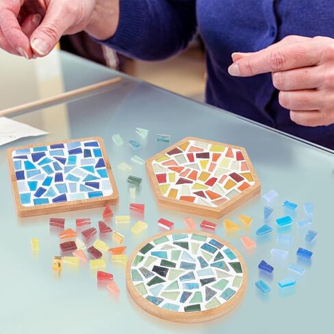 WEBEEDY 3 Set DIY Mosaic Coaster Kit Mosaic Tiles for Crafts, Glass Mixed Color Mosaic Kits with Bamboo Coaster for Adults Household Decoration Birthday Gift(Flower/Square/Round) in Saudi Arabia