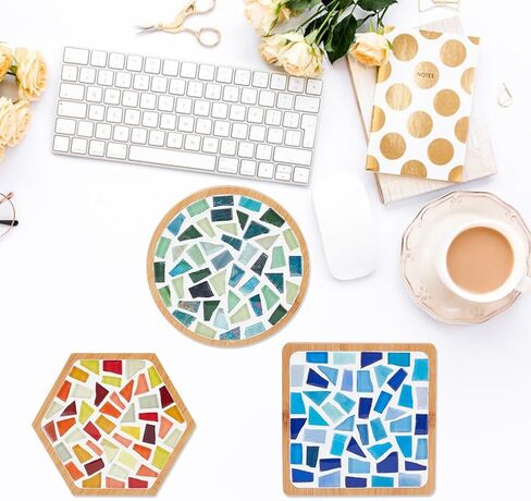 WEBEEDY 3 Set DIY Mosaic Coaster Kit Mosaic Tiles for Crafts, Glass Mixed Color Mosaic Kits with Bamboo Coaster for Adults Household Decoration Birthday Gift(Flower/Square/Round) in Saudi Arabia