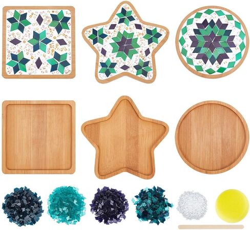 WEBEEDY 3 Set DIY Mosaic Coaster Kit Mosaic Tiles for Crafts, Glass Mixed Color Mosaic Kits with Bamboo Coaster for Adults Household Decoration Birthday Gift(Flower/Square/Round) in Saudi Arabia