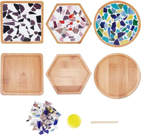WEBEEDY 3 Set DIY Mosaic Coaster Kit Mosaic Tiles for Crafts, Glass Mixed Color Mosaic Kits with Bamboo Coaster for Adults Household Decoration Birthday Gift(Flower/Square/Round) in Kuwait