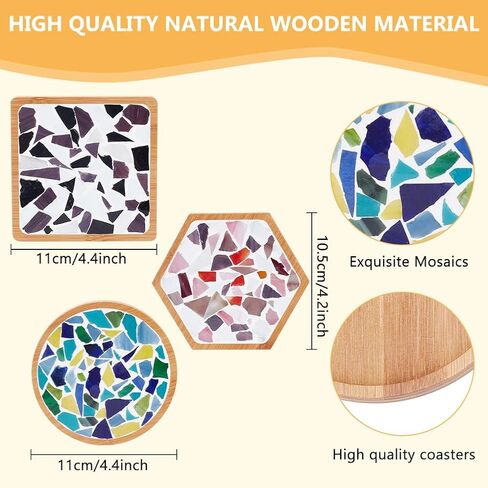WEBEEDY 3 Set DIY Mosaic Coaster Kit Mosaic Tiles for Crafts, Glass Mixed Color Mosaic Kits with Bamboo Coaster for Adults Household Decoration Birthday Gift(Flower/Square/Round) in Kuwait