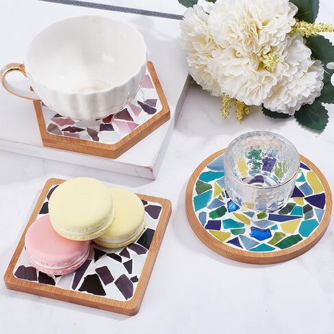 WEBEEDY 3 Set DIY Mosaic Coaster Kit Mosaic Tiles for Crafts, Glass Mixed Color Mosaic Kits with Bamboo Coaster for Adults Household Decoration Birthday Gift(Flower/Square/Round) in Kuwait