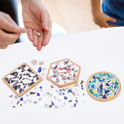 WEBEEDY 3 Set DIY Mosaic Coaster Kit Mosaic Tiles for Crafts, Glass Mixed Color Mosaic Kits with Bamboo Coaster for Adults Household Decoration Birthday Gift(Flower/Square/Round) in Kuwait