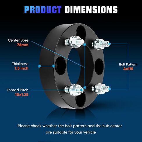 4PCS 4X110 ATV Wheel Spacers 76mm Bore 1.25in Wheel Adapters with 10x1.25 Studs Fit for Bombardier DS250 Quest Traxter, for Honda ATC TRX, for Kawasaki KFX KLF, for Suzuki LT, for Yamaha YFB YFM YXR in Kuwait