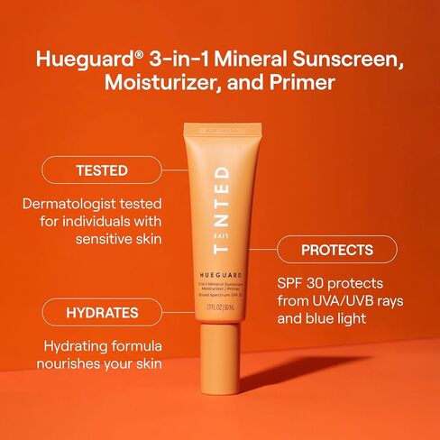 Live Tinted Hueguard® 3-in-1 Mineral Sunscreen, Moisturizer, & Primer for Face and Body - Hydrate and Protect the Skin Year Round - SPF 30 to Protect Against UVA/UVB Rays, 1.7 Fl Oz in Saudi Arabia