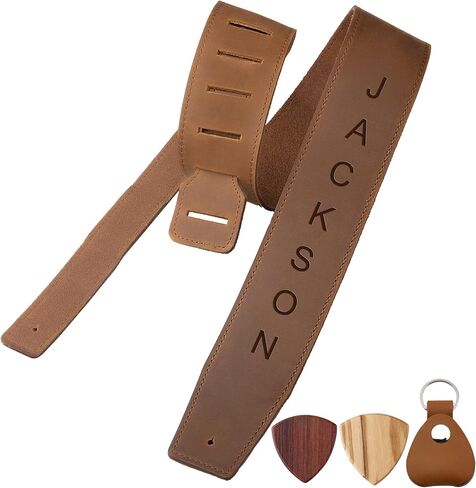 Leather Guitar Strap, 2.3'' Wide, Personalized with Name, for Acoustic, Electric, Bass Guitar, Includes 2 Picks and Holder Case, Dark Brown in Saudi Arabia
