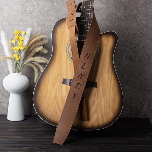 Leather Guitar Strap, 2.3'' Wide, Personalized with Name, for Acoustic, Electric, Bass Guitar, Includes 2 Picks and Holder Case, Dark Brown in Saudi Arabia
