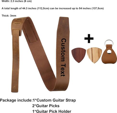 Leather Guitar Strap, 2.3'' Wide, Personalized with Name, for Acoustic, Electric, Bass Guitar, Includes 2 Picks and Holder Case, Dark Brown in Saudi Arabia