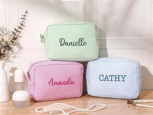 Personalized Seersucker Cosmetic Bag,Custom Monogrammed Makeup Bag,Travel Toiletry Bag for Women,Bachelorette Makeup Bags,Bridesmaid Makeup bag,Bride Makeup Bag in Saudi Arabia