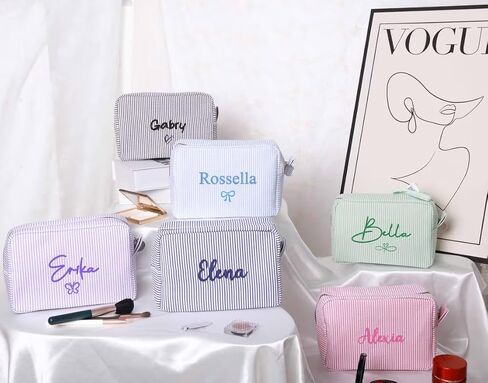 Personalized Seersucker Cosmetic Bag,Custom Monogrammed Makeup Bag,Travel Toiletry Bag for Women,Bachelorette Makeup Bags,Bridesmaid Makeup bag,Bride Makeup Bag in Saudi Arabia