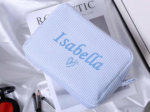Personalized Seersucker Cosmetic Bag,Custom Monogrammed Makeup Bag,Travel Toiletry Bag for Women,Bachelorette Makeup Bags,Bridesmaid Makeup bag,Bride Makeup Bag in Saudi Arabia