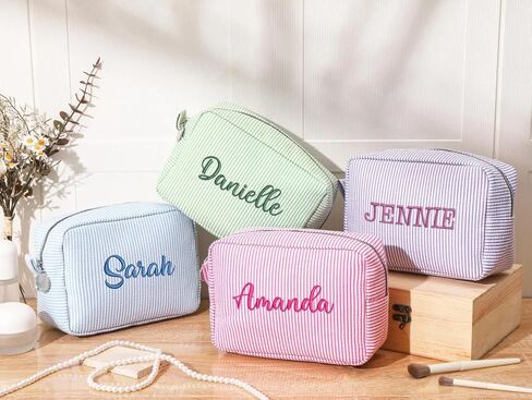 Personalized Seersucker Cosmetic Bag,Custom Monogrammed Makeup Bag,Travel Toiletry Bag for Women,Bachelorette Makeup Bags,Bridesmaid Makeup bag,Bride Makeup Bag in Saudi Arabia