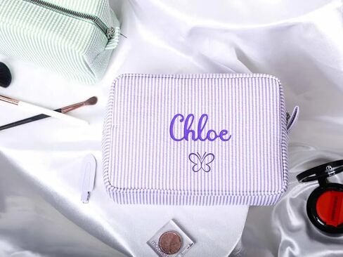 Personalized Seersucker Cosmetic Bag,Custom Monogrammed Makeup Bag,Travel Toiletry Bag for Women,Bachelorette Makeup Bags,Bridesmaid Makeup bag,Bride Makeup Bag in Saudi Arabia