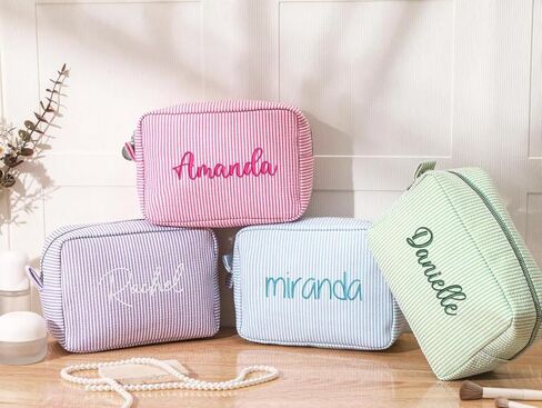 Personalized Seersucker Cosmetic Bag,Custom Monogrammed Makeup Bag,Travel Toiletry Bag for Women,Bachelorette Makeup Bags,Bridesmaid Makeup bag,Bride Makeup Bag in Saudi Arabia
