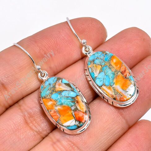 Natural Top Quality Orange Spiny Oyster Turquoise Gemstone 925 Sterling Silver Handmade Orange Stone Dangle Earrings for Women Gift for Wife Girlfriend Mom Sister Daughter in Saudi Arabia