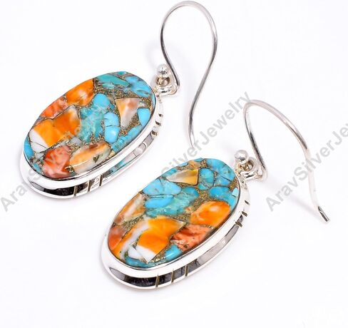 Natural Top Quality Orange Spiny Oyster Turquoise Gemstone 925 Sterling Silver Handmade Orange Stone Dangle Earrings for Women Gift for Wife Girlfriend Mom Sister Daughter in Saudi Arabia