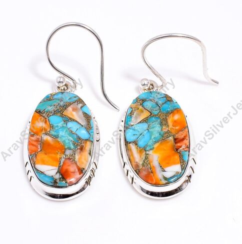 Natural Top Quality Orange Spiny Oyster Turquoise Gemstone 925 Sterling Silver Handmade Orange Stone Dangle Earrings for Women Gift for Wife Girlfriend Mom Sister Daughter in Saudi Arabia