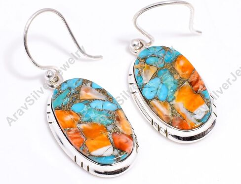 Natural Top Quality Orange Spiny Oyster Turquoise Gemstone 925 Sterling Silver Handmade Orange Stone Dangle Earrings for Women Gift for Wife Girlfriend Mom Sister Daughter in Saudi Arabia