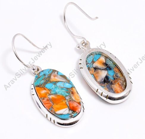 Natural Top Quality Orange Spiny Oyster Turquoise Gemstone 925 Sterling Silver Handmade Orange Stone Dangle Earrings for Women Gift for Wife Girlfriend Mom Sister Daughter in Saudi Arabia