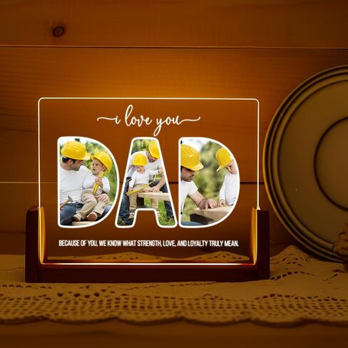 إضاءة ليلية LED مخصصة - مصباح طاولة صور مخصص للأب أو البابا - أفضل هدية لعيد الأب أو عيد الميلاد أو عيد الميلاد - هدية تزيينية مضيئة مع تصميم إطار الصورة (الأب) in Kuwait