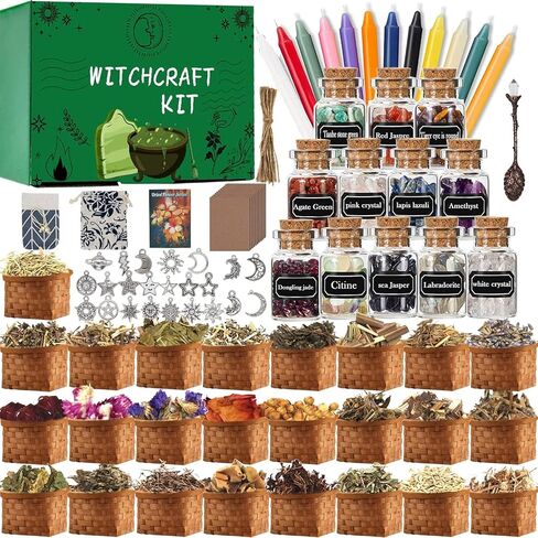 مجموعة Witchcraft Supplies Kit ، 86 PCS WICCAN Supplies وأدوات ، تشمل الأعشاب المجففة ، الجرار الكريستالية ، شموع ملونة وجزر بار ، للمبتدئين السحرة Pagan مذبح in Kuwait