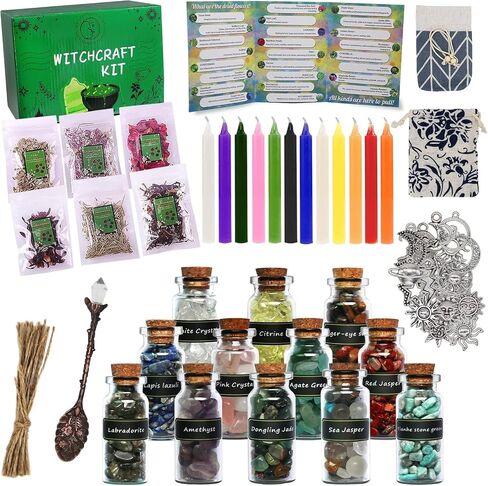 مجموعة Witchcraft Supplies Kit ، 86 PCS WICCAN Supplies وأدوات ، تشمل الأعشاب المجففة ، الجرار الكريستالية ، شموع ملونة وجزر بار ، للمبتدئين السحرة Pagan مذبح in Kuwait