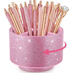 Epakh PU Leather Glitter Pen Holder Pencil Cup 360 Degree Spinning Women Girls Luxury Makeup Brush Holder Organizer Cup Gift for Desk Office Classroom Home(4 Compartments,6 Inch,Rose Gold) in Saudi Arabia