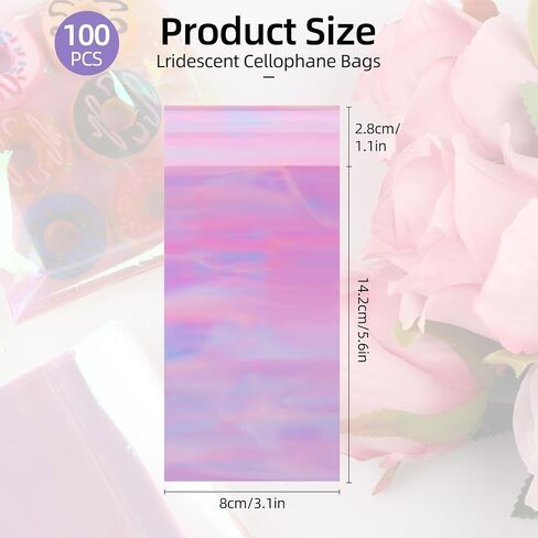 200 PCS Self Sealing Cellophane Treat Bags, 4 x 6 Inches Self Adhesive Clear Iridescent Cellophane Bag, Small Resealable Individual Cookie Bags for Packaging Gift Giving, Candy, Pretzels, Treats in Saudi Arabia