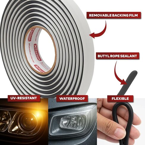 XFasten Butyl Headlamp Sealant، 7 ملم × 20 قدم، 7 ملم سميك، شريط حبل بوتيل مطاطي للسيارات من فئة OEM للمصابيح الأمامية، المصباح الأمامي، الزجاج الأمامي، النافذة، وشريط مانع التسرب لضوء حمام السباحة in Saudi Arabia
