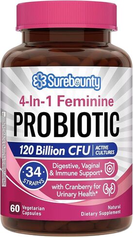 Probiotics for Women, 120 Billion CFU 34 Strains, Prebiotics + Digestive Enzymes + Cranberry, 4-in-1 Feminine Probiotic, Digestive & Vaginal Support, 30ct in Kuwait
