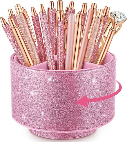 EPAKH PU LEATHY GLITER PEN PENDER CUP PENCIL 360 درجة غزل نساء فتيات فرشاة المكياج الفاخرة منظم كأس كأس المكتب للمكتب الفصل الدراسي (4 مقصورات ، 6 بوصات ، الذهب الوردي) in Saudi Arabia