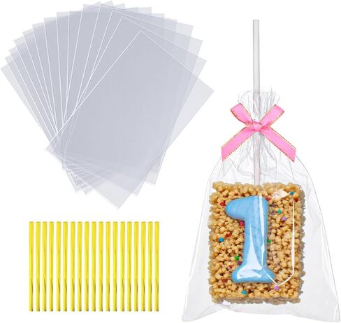 100 PCS 5x6.5 "أكياس الكعك السيلوفان مع روابط تويست الذهب-تصميم مسطح من الدرجة التجارية لكعك ، ملفات تعريف الارتباط والمعجنات (يناسب المعكرونات/الشوكولاتة/الفراولة) in Saudi Arabia
