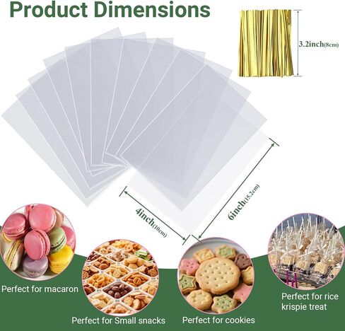 100 PCS 5x6.5 "أكياس الكعك السيلوفان مع روابط تويست الذهب-تصميم مسطح من الدرجة التجارية لكعك ، ملفات تعريف الارتباط والمعجنات (يناسب المعكرونات/الشوكولاتة/الفراولة) in Saudi Arabia
