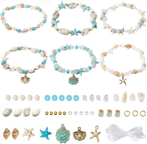 SUNNYCLUE 1 Box 6 Sets Ocean Theme Bracelet Making Kit Starfish Beads Turtle Beads Bulk Boho Hawaii Shell Charms Blue Ocean Bead Sea Animal Bead Shell Beads for Jewelry Making Kits DIY Supplies in Kuwait