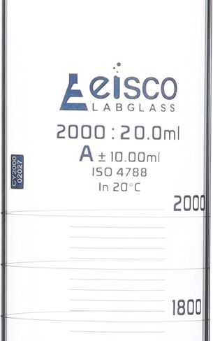 اسطوانة قياس، 2000 مل - الفئة A، التفاوت: ± 10.00 مل - زجاج بوروسيليكات، تدرجات زرقاء - قاعدة دائرية - اي اي اس سي او Labs in Saudi Arabia