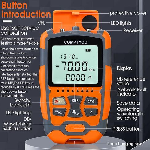 FYBOPTWU - 4 في 1 وظيفة 10 ميجاوات VFL محدد موقع الأخطاء البصرية ومقياس الطاقة الضوئية المحمول OPM (FC/SC/ST) واختبار شبكة RJ45 وإضاءة LED، اختبار الألياف البصرية المحمولة، النطاق: (-70) ديسيبل ميلي واط ~ (+10) ديسيبل ميلي واط . in Kuwait