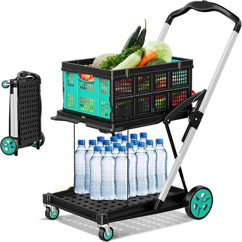 8-in-1 Max 200LBS Collapsible Shopping Cart on Wheels with 2 Storage Crates, Portable Foldable Shopping Cart with Foot Brake for Picnic, Supermarket, Office, Yellow-2025 Upgraded in Kuwait