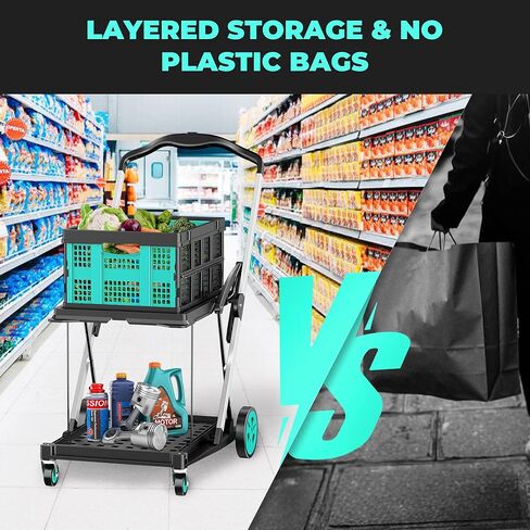 8-in-1 Max 200LBS Collapsible Shopping Cart on Wheels with 2 Storage Crates, Portable Foldable Shopping Cart with Foot Brake for Picnic, Supermarket, Office, Yellow-2025 Upgraded in Kuwait